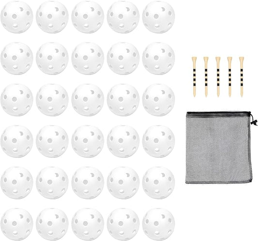 Plastic Golf Balls Practice Limited Flight Golf Training Ball Hollow Swing Practice Indoor Golf Balls with Mesh Drawstring Bag for Backyard Driving Range or Outdoor