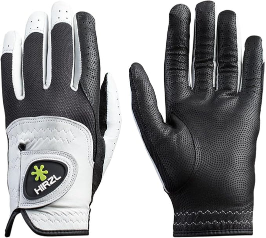 HIRZL Trust Control 2.0 Golf Glove, All Weather Mens Golf Glove, White/Black, Kangaroo Leather Palm, Cabretta Leather Backhand, Trusted by Pro’s, Sweat Free, Ultimate Grip