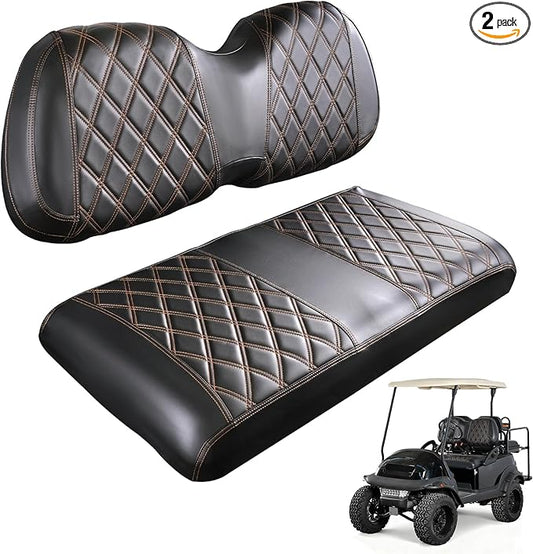 Golf Cart Diamond Seat Covers Kit Suitable for Club Car Precedent Standard Front Seat Cushion, Club Car Front Seat Covers Kit No Drilling & Waterproof (Black PVC Leather & Brown Stitching)