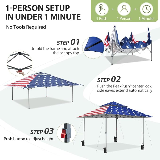 EAGLE PEAK 13x13 Pop Up Canopy Tent, Auto Extended Eaves, American Flag | Easy - Image 7
