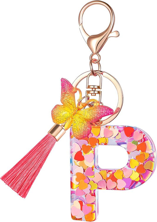 Suweibuke Colourful Cute Initial Letter Keychains for Women Girls with Tassel Butterfly, Charm for Purse Handbags Backpacks