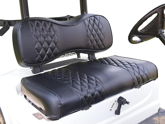 Huskey 2PCS Golf Cart Front Seat Covers for Club Car DS 2000.5 UP G&E Models Custom Two-Tone Black Diamond Stitching with Black Piping, Marine Grade Vinyl Material, Staple on Design