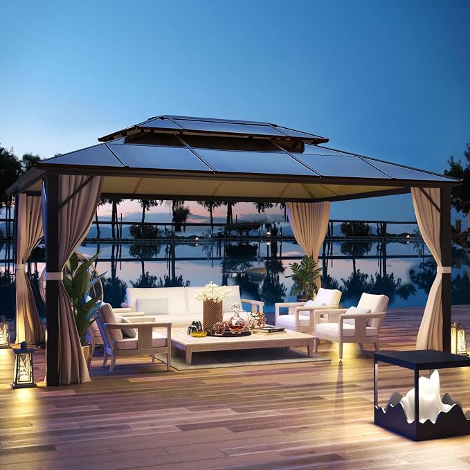 12'x16' Hardtop Gazebo, Outdoor Polycarbonate Double Roof Canopy, Aluminum by YOLENY