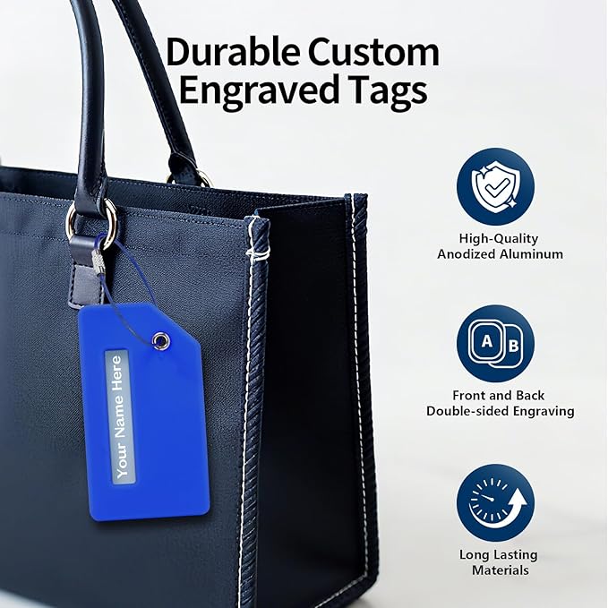 Personalized Luggage Tags for Suitcases, Custom Metal Luggage Tag for Bag with Silicone Sleeves, Durable Travel Tags, Laser Engrave Name Text, Gift for Travelers, 3.5x2 Inches (Dark Blue)
