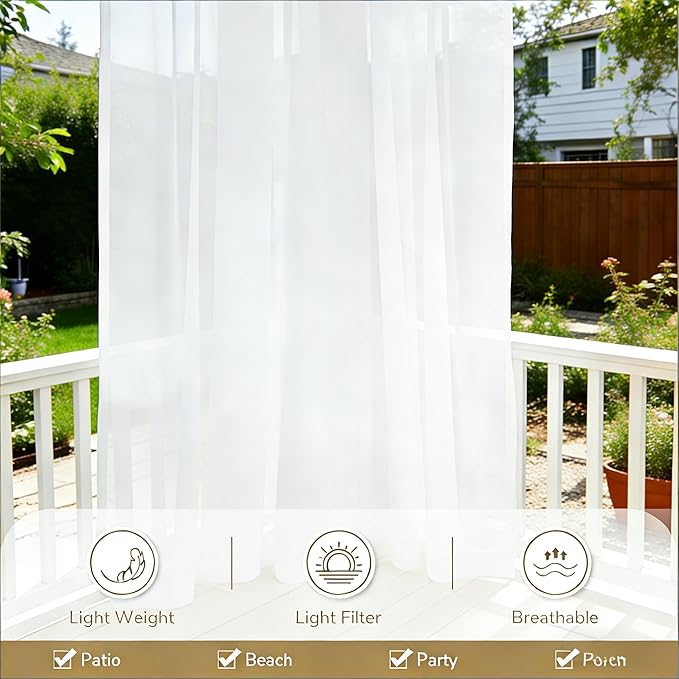 Outdoor Sheer Curtains for Patio Waterproof, 2 Panels Rod Pocket Indoor/Outdoor - Image 5