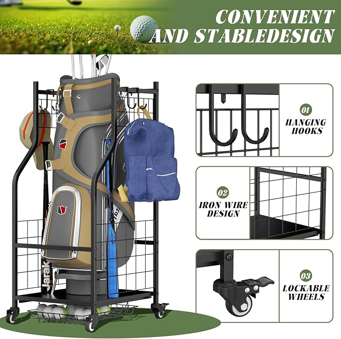 ROOMTEC Golf Bag Storage Garage Organizer,Golf Club Bag Storage Rack for Garage, Extra Storage Rack for Golf Clubs,Golf Bag Organizer Fit for Garage,Shed,Basement