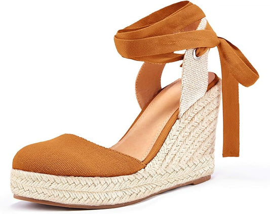 FISACE Womens Summer Espadrille Heel Platform Wedge Sandals Ankle Buckle Strap Closed Toe Shoes