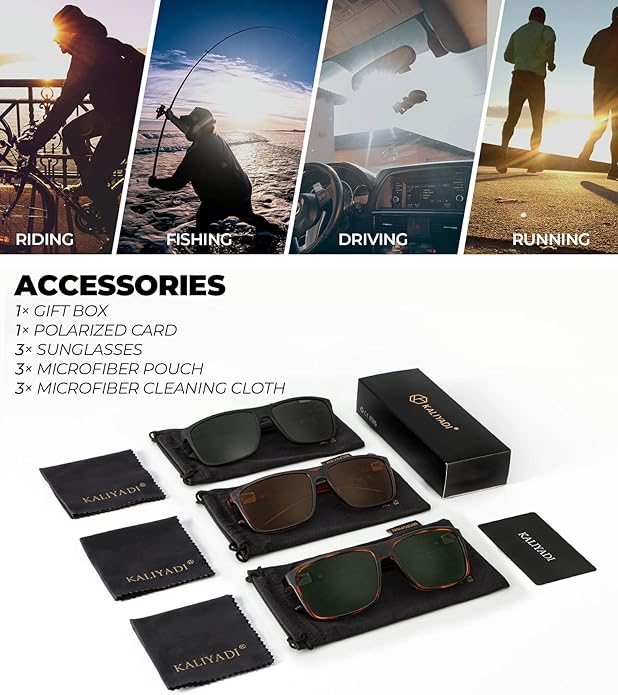 KALIYADI Polarized Sunglasses for Men and Women, Mens Sun Glasses with UV Protection for Driving Fishing Golf (3 Packs)