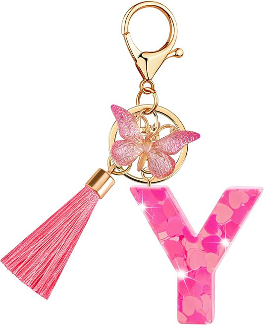Suweibuke Colourful Cute Initial Letter Keychains for Women Girls with Tassel Butterfly, Charm for Purse Handbags Backpacks