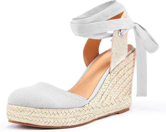 FISACE Womens Summer Espadrille Heel Platform Wedge Sandals Ankle Buckle Strap Closed Toe Shoes