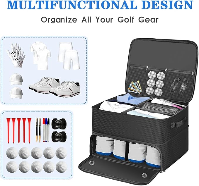 Golf Trunk Organizer for Car, Foldable Golf Storage Box with Ventilated Shoe Compartment, Holds 2 Pair Shoes, Balls, Cap, Gloves, Clothes 17.7x13.3x9.4 inch Car Organizer for Golf Gear (Black)