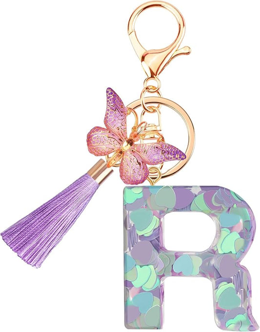 Suweibuke Colourful Cute Initial Letter Keychains for Women Girls with Tassel Butterfly, Charm for Purse Handbags Backpacks