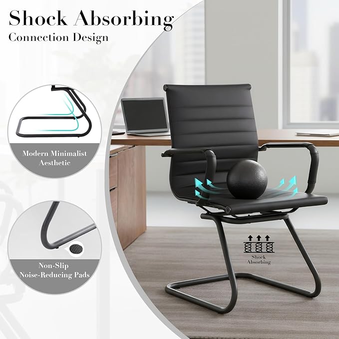 CIMOTA Waiting Room Chairs Leather Office Guest Chair Mid Back Reception Chairs with Sled Base for Meeting/Patient/Conference Room, Retro Black Set of 6