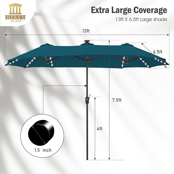 13 ft Patio Umbrella with 120 LED Solar Lights Outdoor Umbrella, Cerulean | - Image 6