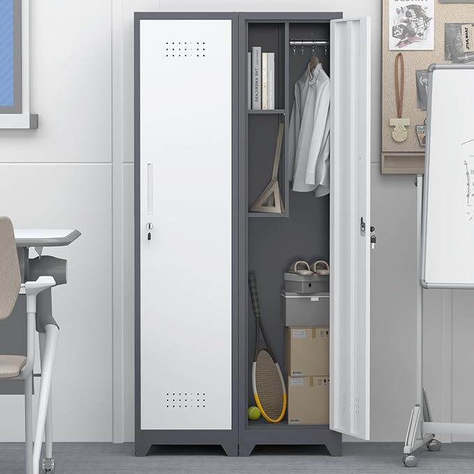 GREATMEET Slim Locking Metal Garage Storage Cabinet, 65" Lockable Utility Closet, Tall Steel Narrow Broom Closet Storage Cabinets with Door and Shelves for Laundry Room, Bathroom, White & Grey