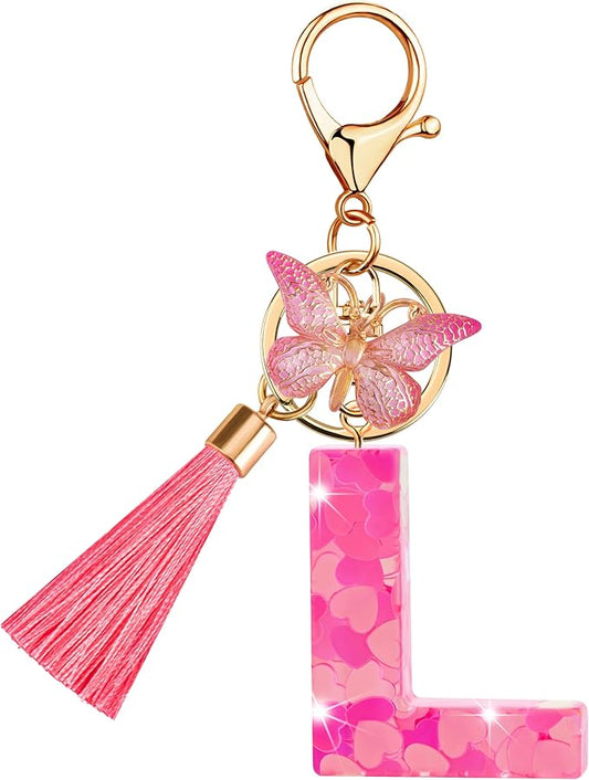 Suweibuke Colourful Cute Initial Letter Keychains for Women Girls with Tassel Butterfly, Charm for Purse Handbags Backpacks