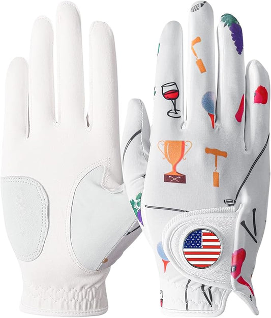 Amy Sport Womens Golf Glove with Ball Marker Rain Left Right Hand Leather Printed Pack, Ladies Golf Gloves All Weather Grip Breathable Soft Size Small Medium Large XL