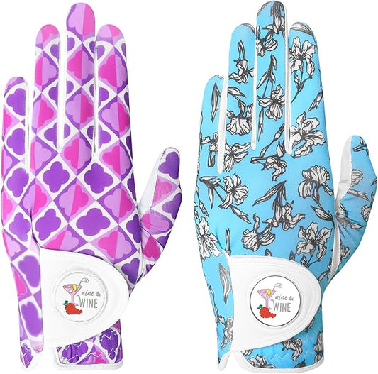 Golf Gloves Women with Ball Marker 2 Pack, Right Handed Golfer Left Hand, Ladies Breathable Soft All Weather Grip Glove Fit Size Small Medium Large XL