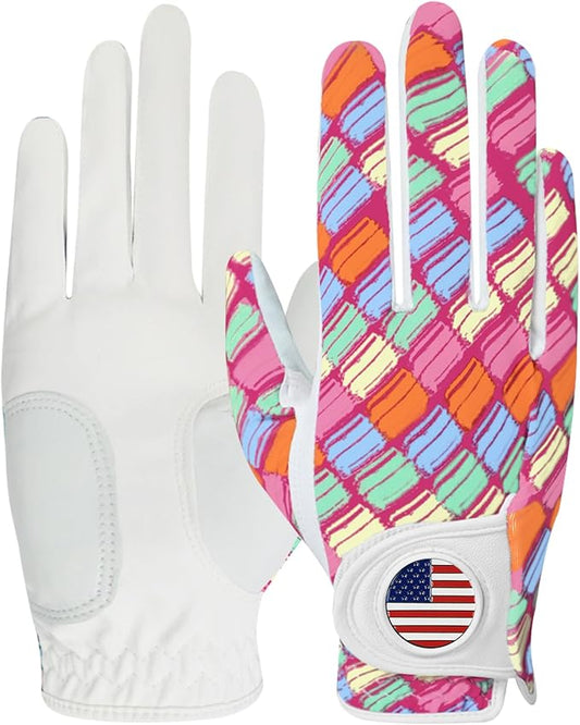 Amy Sport Womens Golf Glove with Ball Marker Rain Left Right Hand Leather Printed Pack, Ladies Golf Gloves All Weather Grip Breathable Soft Size Small Medium Large XL