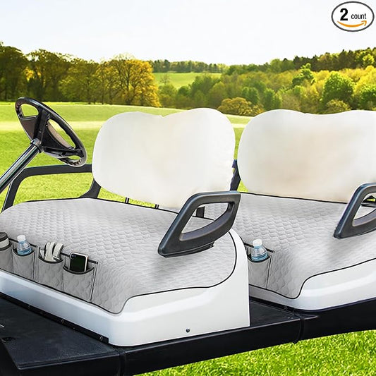 2 Pcs Grey Golf Cart Seat Covers, 51"x 31" Cool and Sweat Absorption Golf Cart Seat Towel Blanket with 4 Front Pockets & Nonskid Pocket and Nonskid Bottom for Home, Party