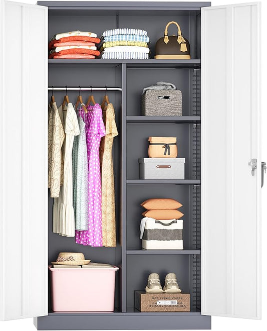 Greenvelly Metal Wardrobe Cabinet with Lock Door, 72" Metal Wardrobe Closet Cabinet with Hanging Rods and Adjustable Shelves, Steel Storage Locker Closet for Home, Office, Employee, Gym (White Grey)