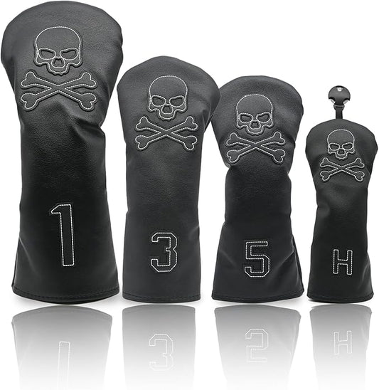 4 Pcs Golf Club Head Covers PU Leather Skull Golf Club Covers for Drivers, Fairway Woods, and Hybrids Fit Most Golf Clubs Golf Headcovers Set