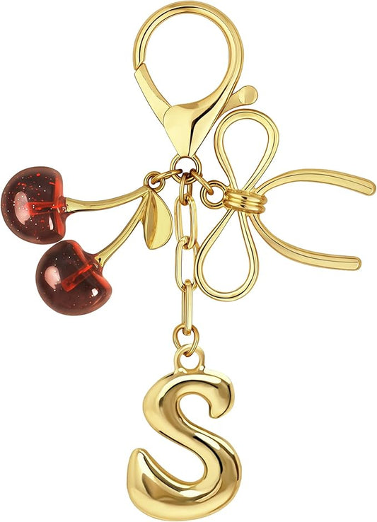 Gold Bubble Heart, Cherry, Bow & More Designs Letter Initial Keychain Bag Charms – Cute Purse Charms for Handbags