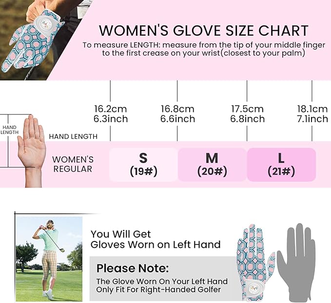 Golf Gloves Women with Ball Marker 2 Pack, Right Handed Golfer Left Hand, Ladies Breathable Soft All Weather Grip Glove Fit Size Small Medium Large XL
