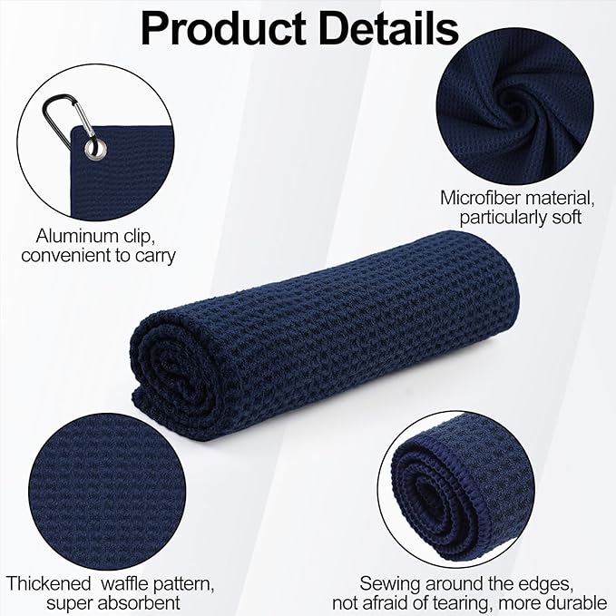 3 Pack 16" X 16" Golf Towels for Golf Bags, Premium Waffle-Pattern Golf Towel with Carabiner Clip, Super Absorbent Microfiber Towel, Golf Accessories for Men, Black-Blue-Gray Colors
