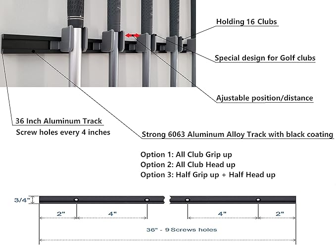 [JINTECH] Golf Club Holder, Wall Display, Wall Hanger, Rack, Mount, Organizer, Hold 17 Clubs on 36" Aluminum Rack (All Head up)