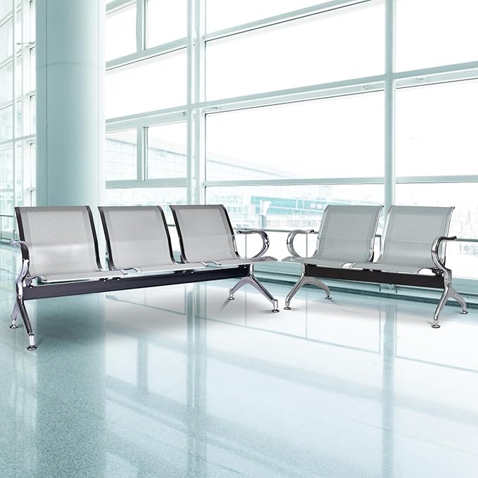 Kinfant Waiting Room Chair Bench - Guest Reception Chairs for Airport Hospital Bank Salon Barber Hall Room Conference (2+3-seat, Silver-Mesh)