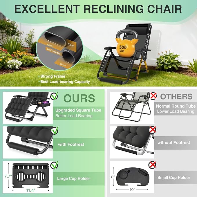 Suteck Oversized Zero Gravity Chair, 500LBS 33" XXL Reclining Lounge Chairs | - Image 5