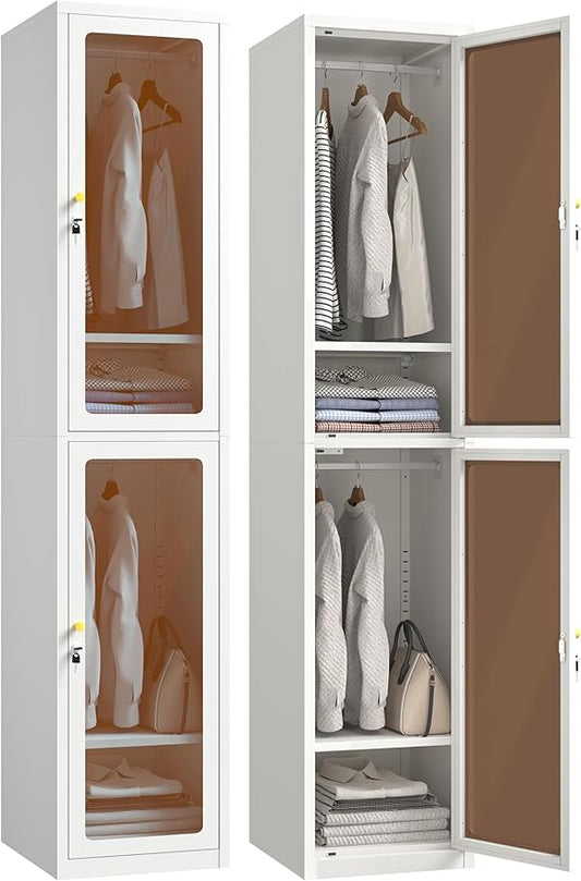 72.83" H Metal Locker 0rganizer for Employees with Lock, Amber Glass Door Cabinet,Lockable Lifetime Locker for Home, Office, Gym, School, Garage (Double Door, White)