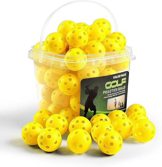 Golf Practice Balls Plastic Value 50 Pack and Golf Ball Bucket with Handle, Limited Flight Sports Training Ball, Indoor Outdoor Backyard Garden Driving Range Use