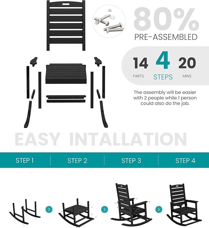 SERWALL Outdoor Rocking Chair Set of 4, Oversized HDPE Rocker, All Weather - Image 7