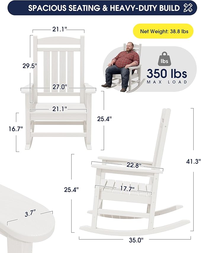 Oversized Outdoor Rocking Chairs Set of 2, HDPE Porch Rocker - Image 3