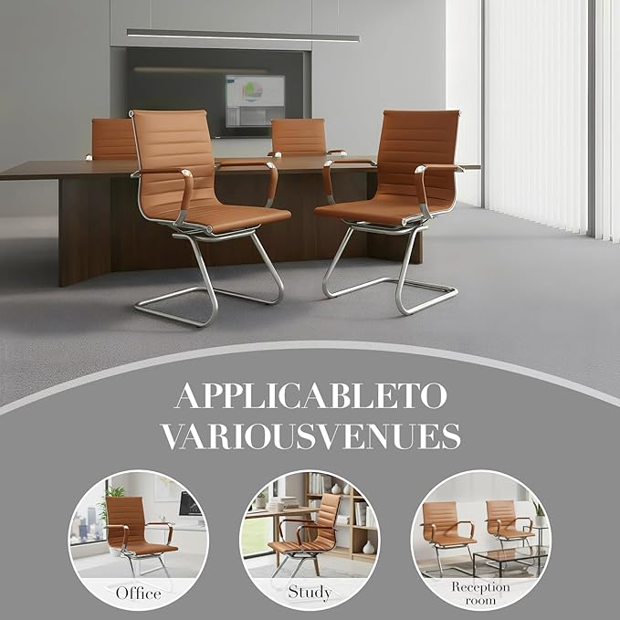 CIMOTA Waiting Room Chairs Leather Office Guest Chair Mid Back Reception Chairs with Sled Base for Meeting/Patient/Conference Room, Brownish Yellow Set of 6