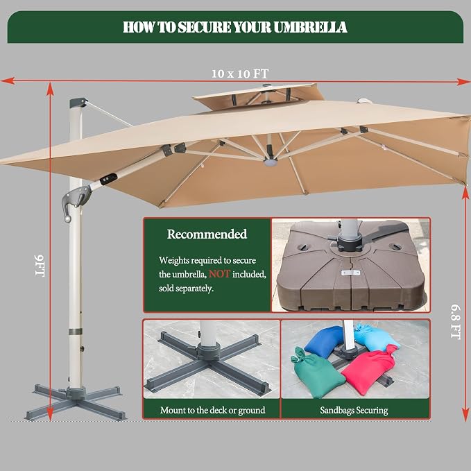 10x10 FT Square Cantilever Patio Umbrella - Image 6