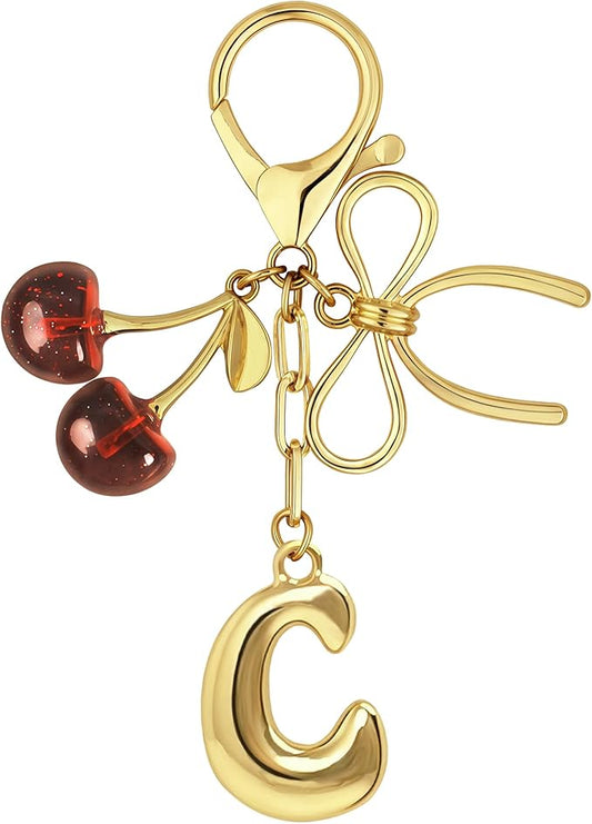 Gold Bubble Heart, Cherry, Bow & More Designs Letter Initial Keychain Bag Charms – Cute Purse Charms for Handbags