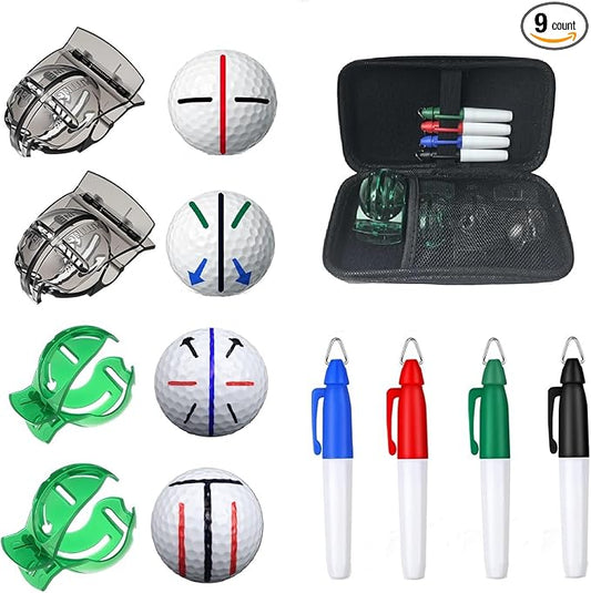 Golf Ball Line Marker Tool, 4pcs Golf Ball Marker Stencil with 4 Colors Golf Ball Markers, Golf Ball Alignment Drawing Tool with a Organizer Case