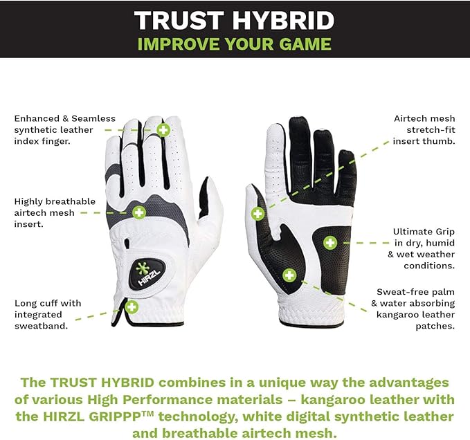 HIRZL Trust Hybrid – Men’s All Weather Golf Glove | Kangaroo Leather | Ultimate Grip and Ergonomic Fit, White/Black (Pack of 5)