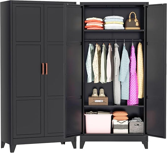 Greenvelly Metal Wardrobe Cabinet, 19" D x 36" W x 72" H Metal Wardrobe Closet with Hanging Rods and Adjustable Shelves,Clothing Storage Closet Cabinet for Bedroom, Cloak Room, Laundry Room (Black)