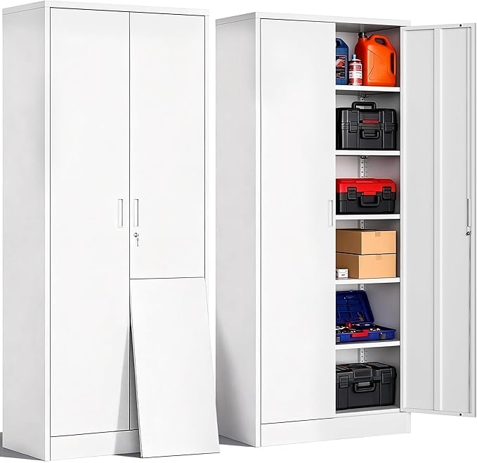 CJF Metal Storage Cabinet, 72" H Locking Storage Cabinet with Adjustable Shelves, Steel Cabinets for Garage, Office, Home, School-White