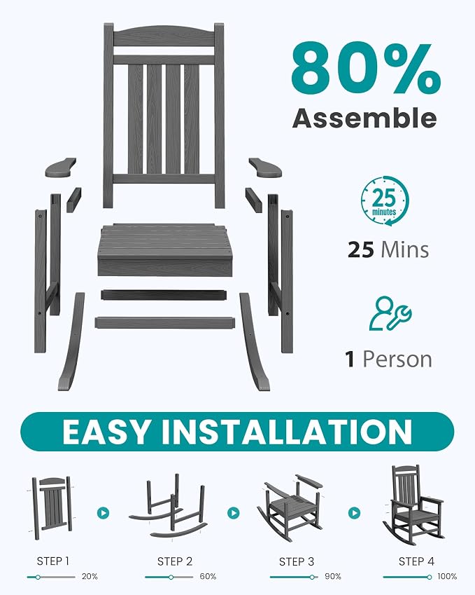 SERWALL Outdoor Rocking Chair Set of 4, Oversized Patio Rocking Chair, Porch - Image 8