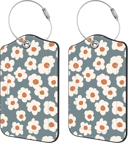 2 Pack Luggage Tags for Suitcase,Retro Floral PU Leather Luggage Tags with Privacy Cover Name Address Labels and Steel Ring,Creative Travel Accessories for Men and Women