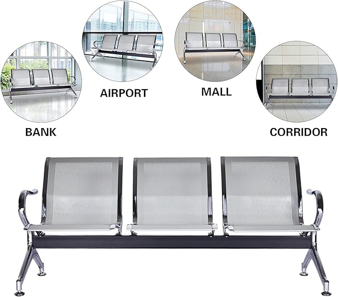 Kinfant Waiting Room Chair Bench - Guest Reception Chairs for Airport Hospital Bank Salon Barber Hall Room Conference (3-seat, Silver-Mesh)