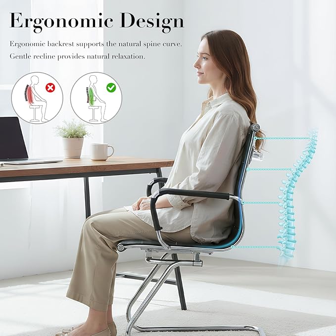 CIMOTA Waiting Room Chairs Leather Office Guest Chair Mid Back Reception Chairs with Sled Base for Meeting/Patient/Conference Room, Black Set of 8