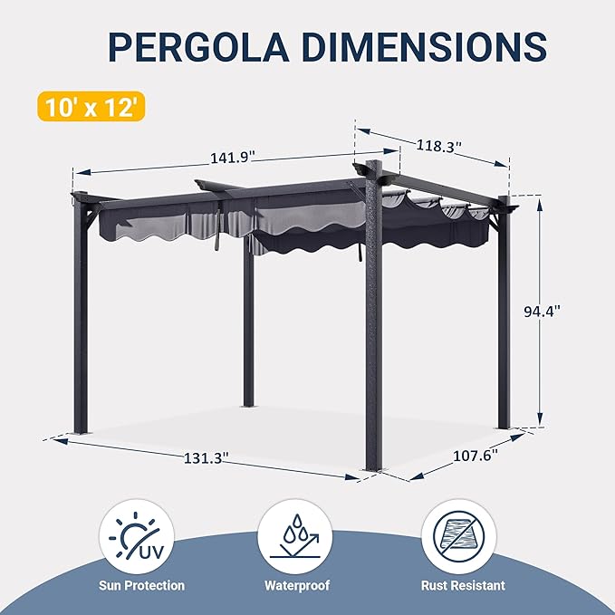 10'x12' Outdoor Pergola with Retractable Canopy | Patio Metal Heavy-Duty Gazebo - Image 2