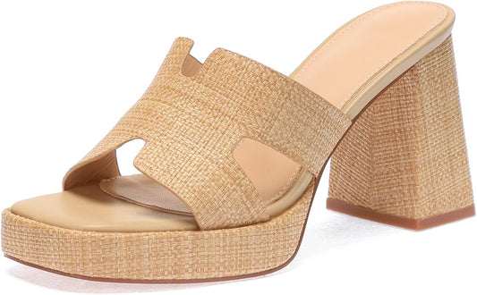 Monrovia Womens Sandals Heels for Women Slide On Block Chunky Platform High Heels Open Toe Raffia Wedge Sandals