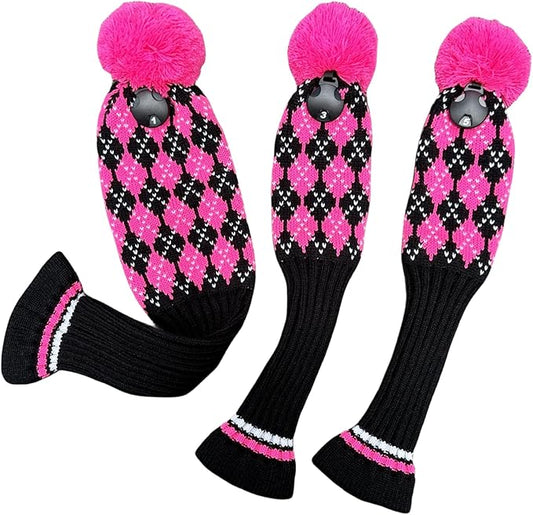 3pcs Knit Pink Golf Club Head Covers, Golf Driver 3 5 Fairway Woods Covers, Pom Pom Golf Wood Headcovers Covers for Driver, 3 5 Woods Women